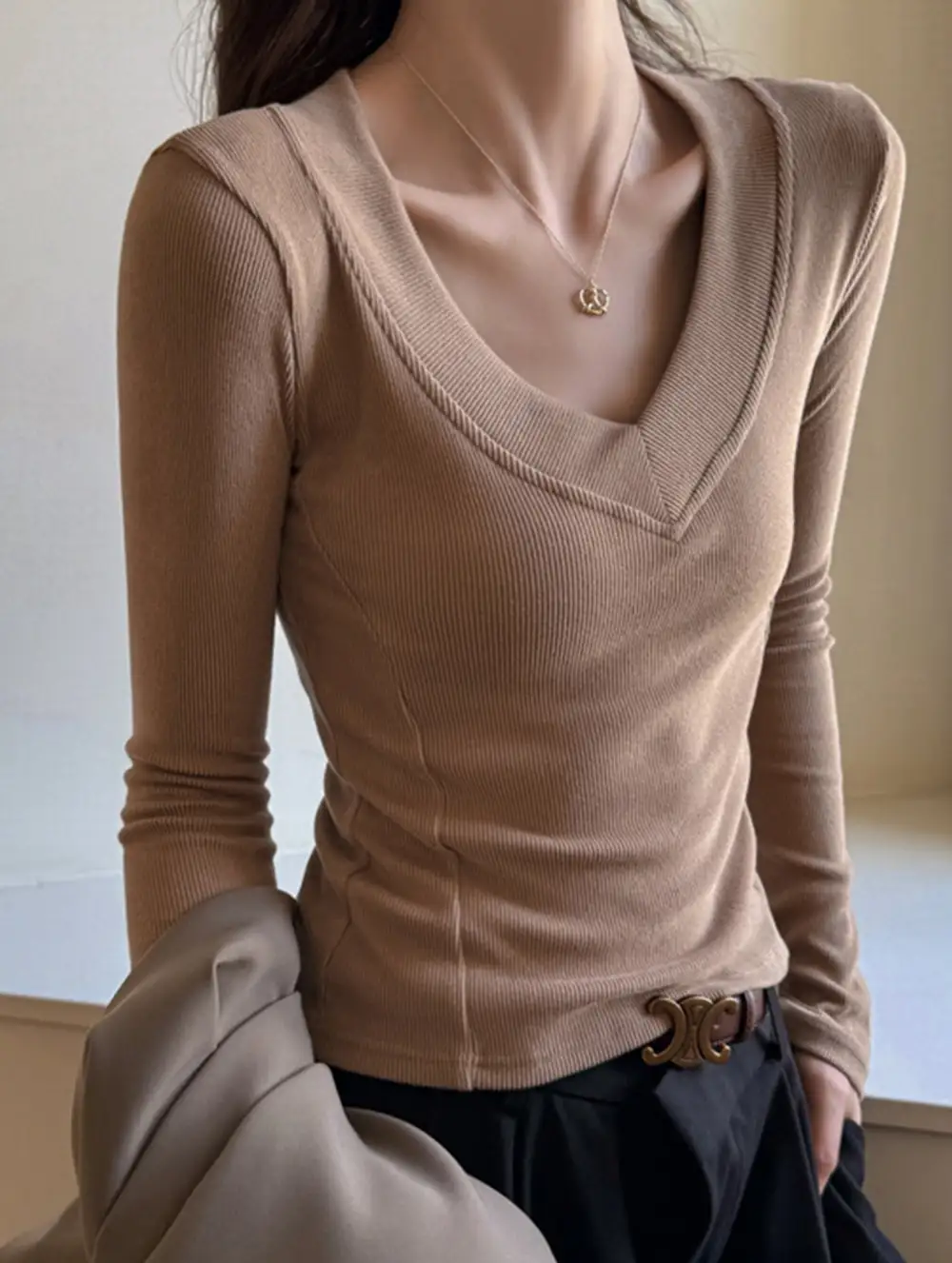 V Neck Thermal Base Top Slim Fit Blouse