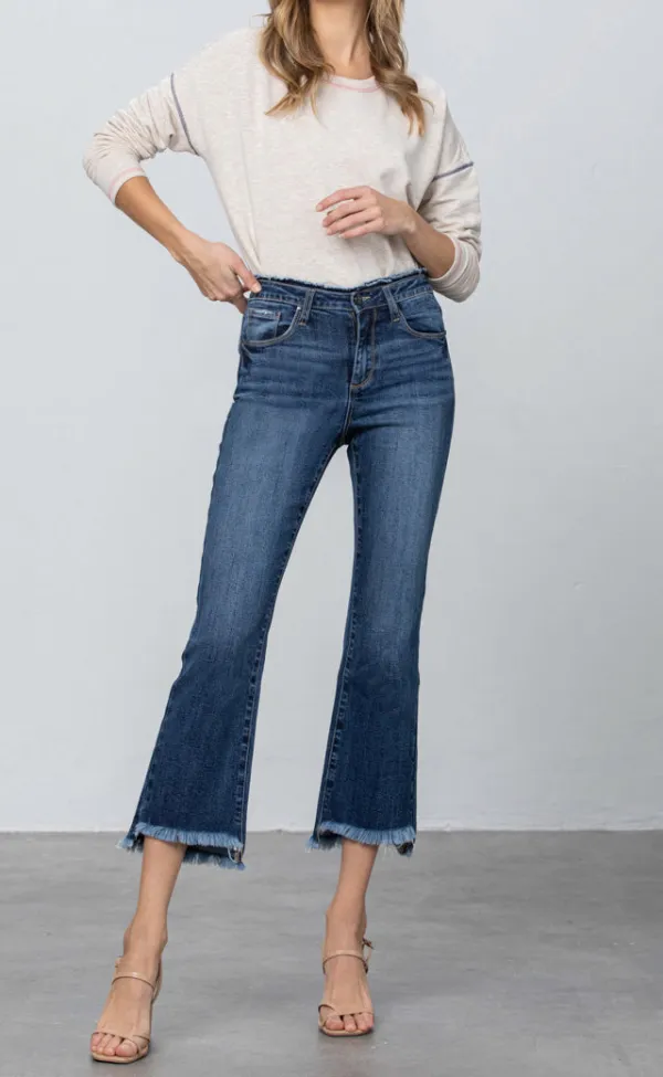Fray Waistband Detail Cropped Boot Jeans