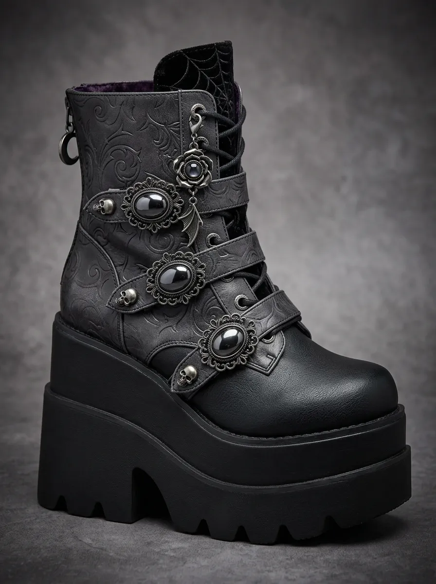 Dark Skull Rose Gemstone Silhouette Women's Gothic Platform Boots