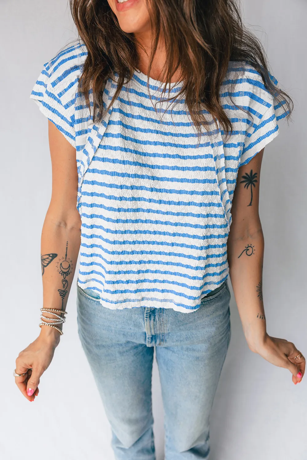 Blue Stripe Textured Short Sleeve Tee