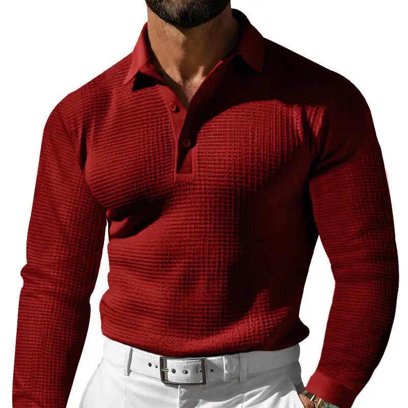 Waffle Texture Elastic Hem Long Sleeve Polo Shirt