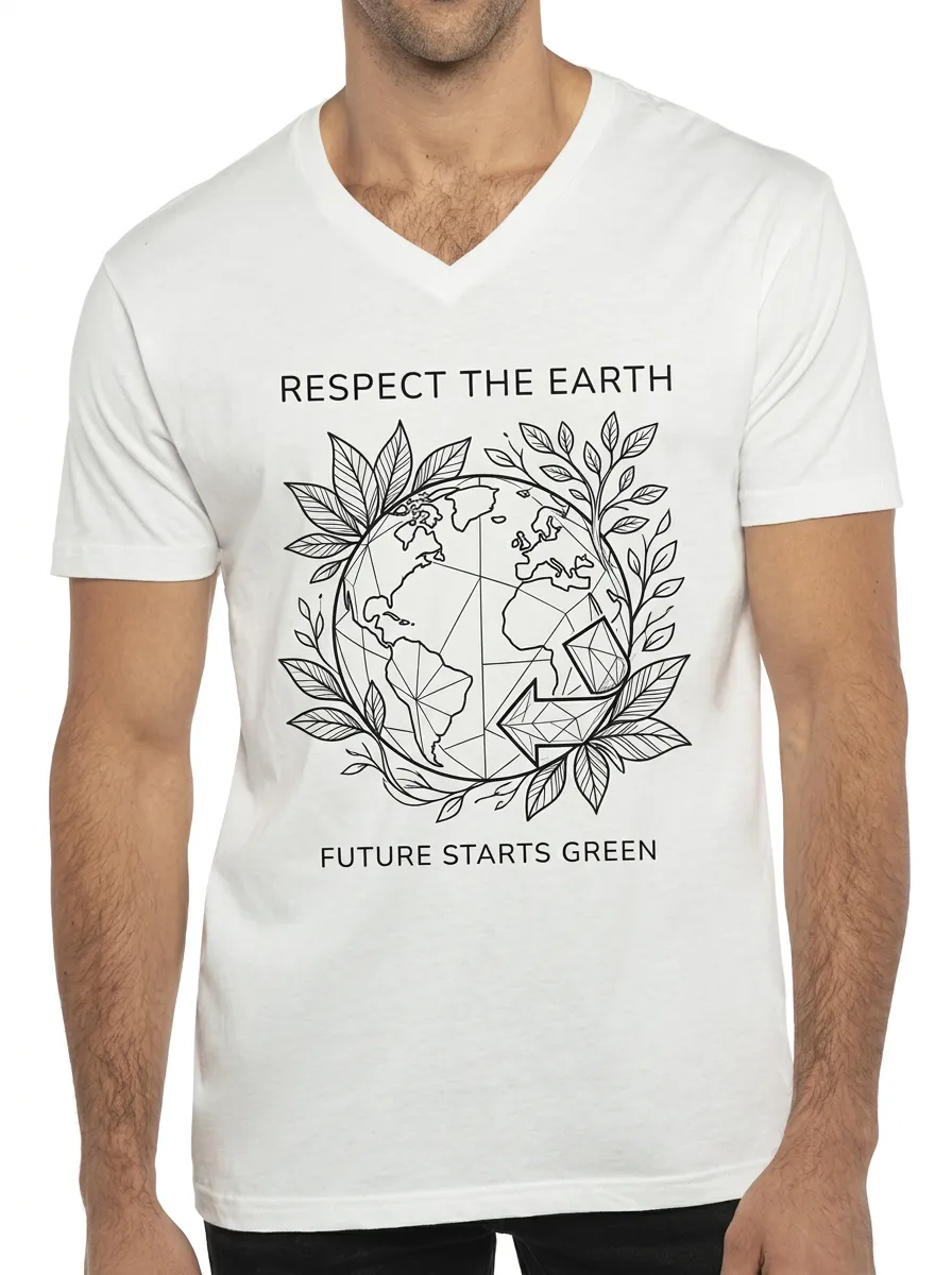 Men's Eco-Friendly Earth Lover Geometric Globe Printed V-Neck T-Shirt