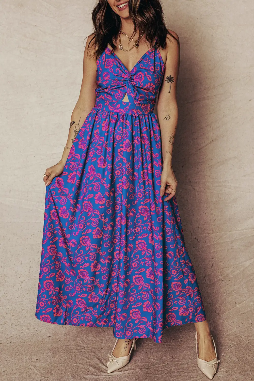 Floral Print Twisted V Neck Tied Backless Maxi Dress