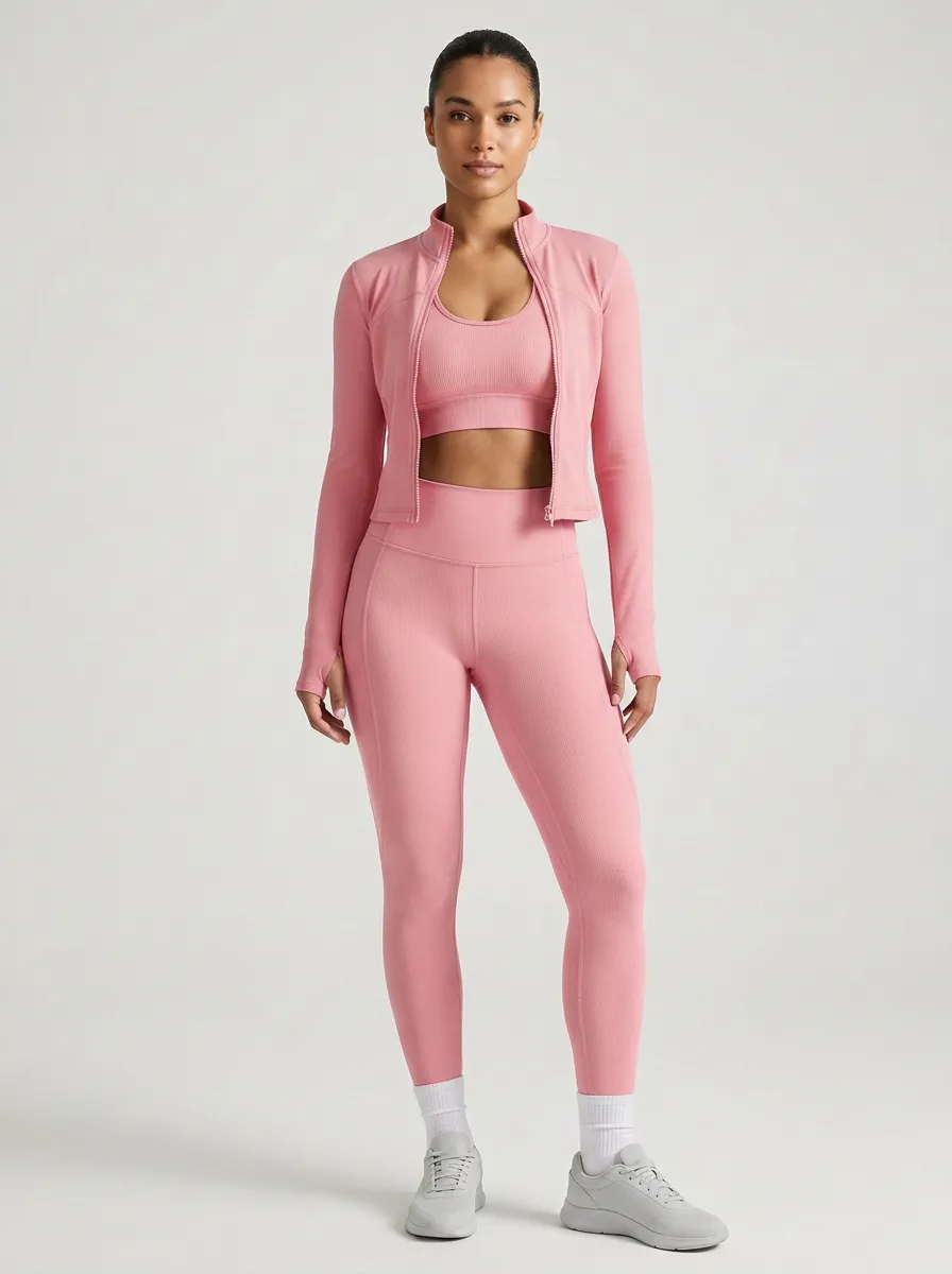 Performance-Inspired Ribbed Texture Seamless Design Shape Women's Three Piece Activewear Set