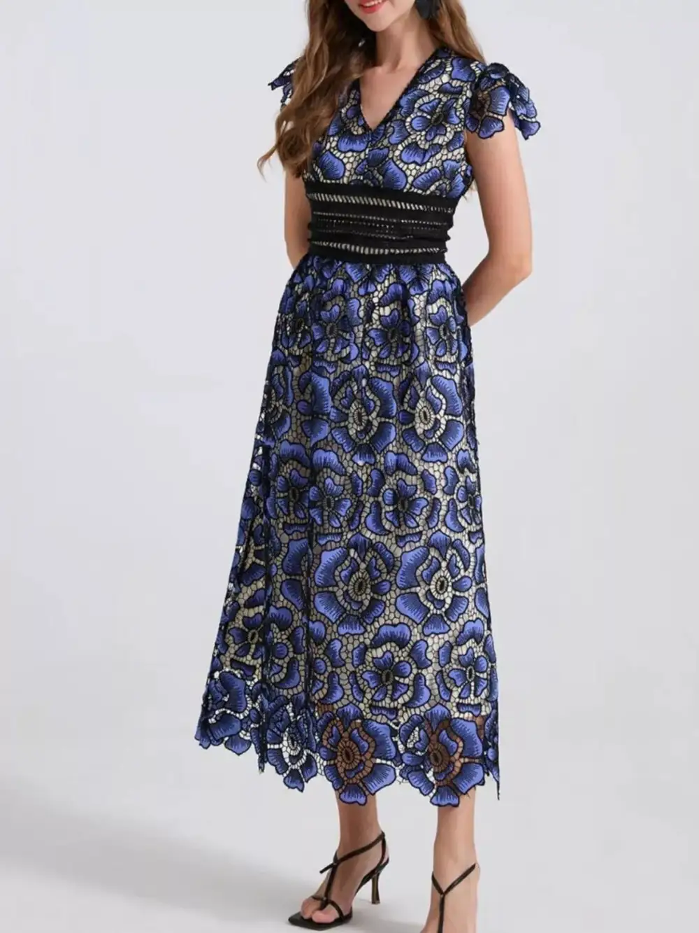 Printed V Neck Ruffle Midi Dress