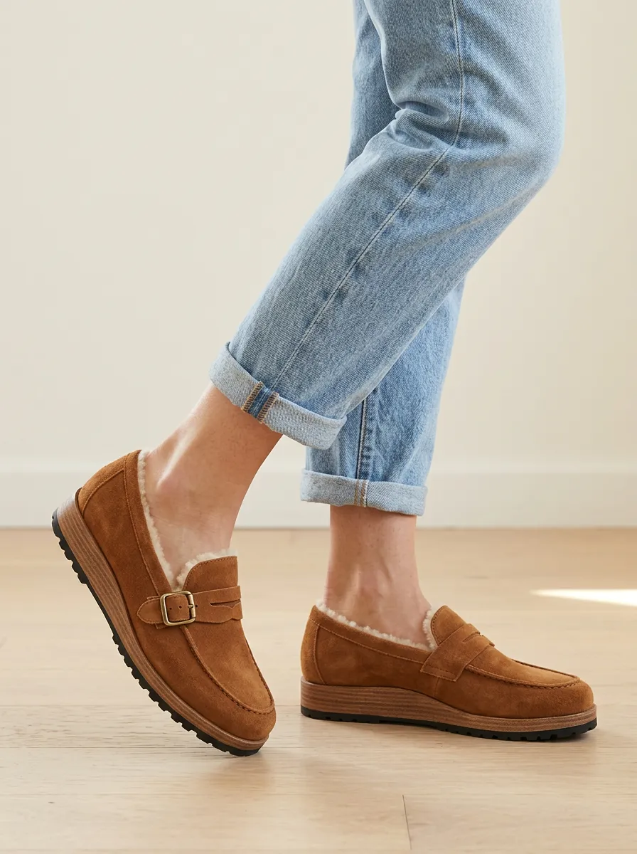 Women's Utility Faux Fur Lined Buckle Detail Winter Suede Wood Sole Loafers