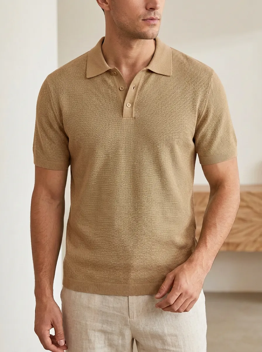 Men's Buttoned Textured Knit Polo Shirt
