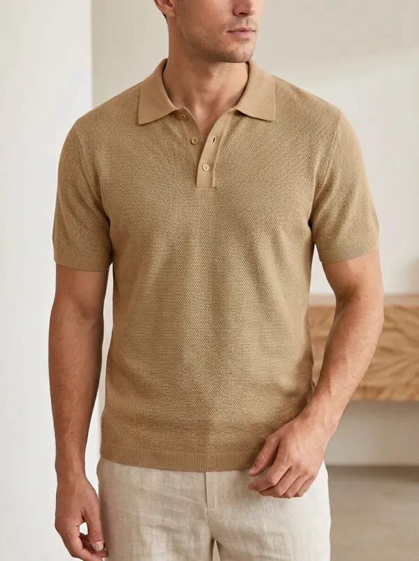 Men's Buttoned Textured Knit Polo Shirt