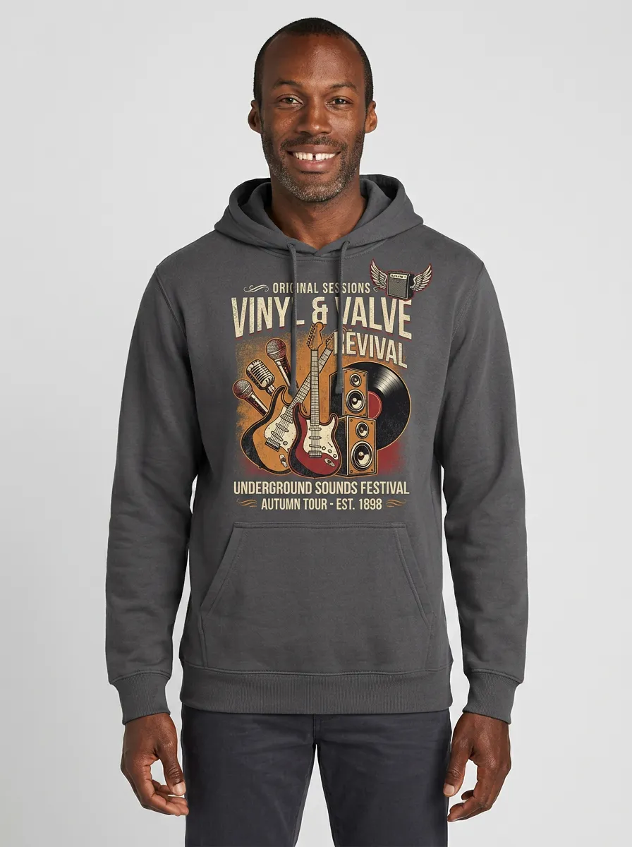 Men's Rock Music Lover Vinyl Valve Guitar Printed Hoodie