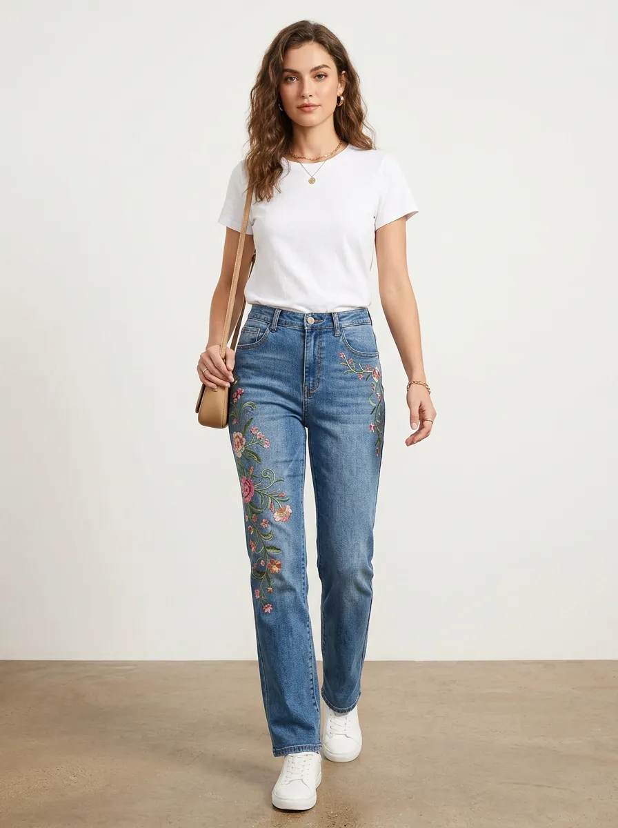 Women's Mid-Blue Floral Embroidered High-Rise Straight Leg Jeans