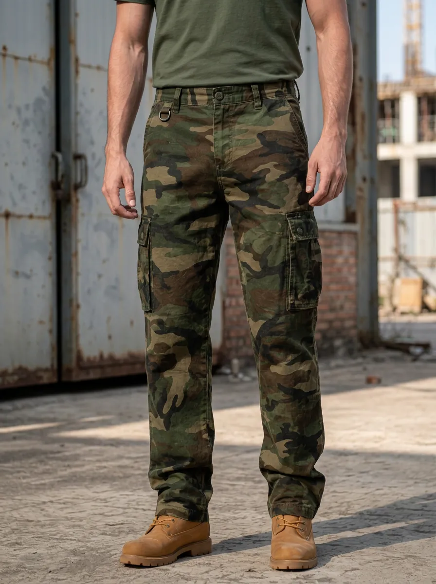 Men's Utility Desert Camo Flap Pocket D-Ring Waist Cargo Pants