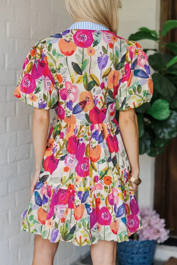 Structured Shape Floral Striped V Neck Dress