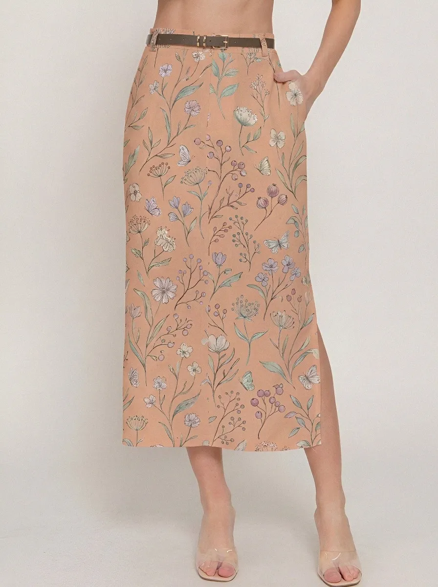 Women's Belt-Loop Botanical Garden Butterfly Floral Printed Midi Skirt
