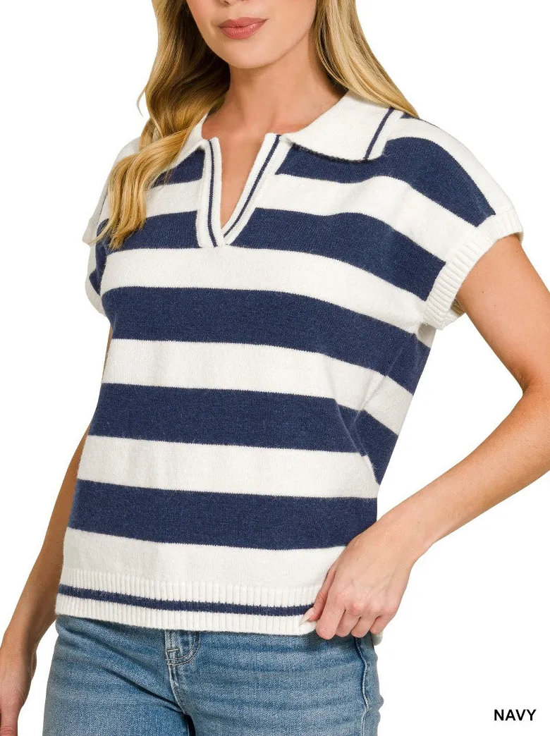 Polyester Striped Collared Ribbed Short Sleeve Sweater