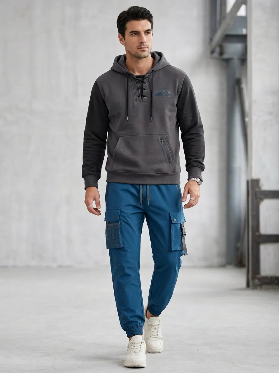 Daily Lace-Up Multi Pocket Collection Men's Lace Up Hoodie And Cargo Jogger Set