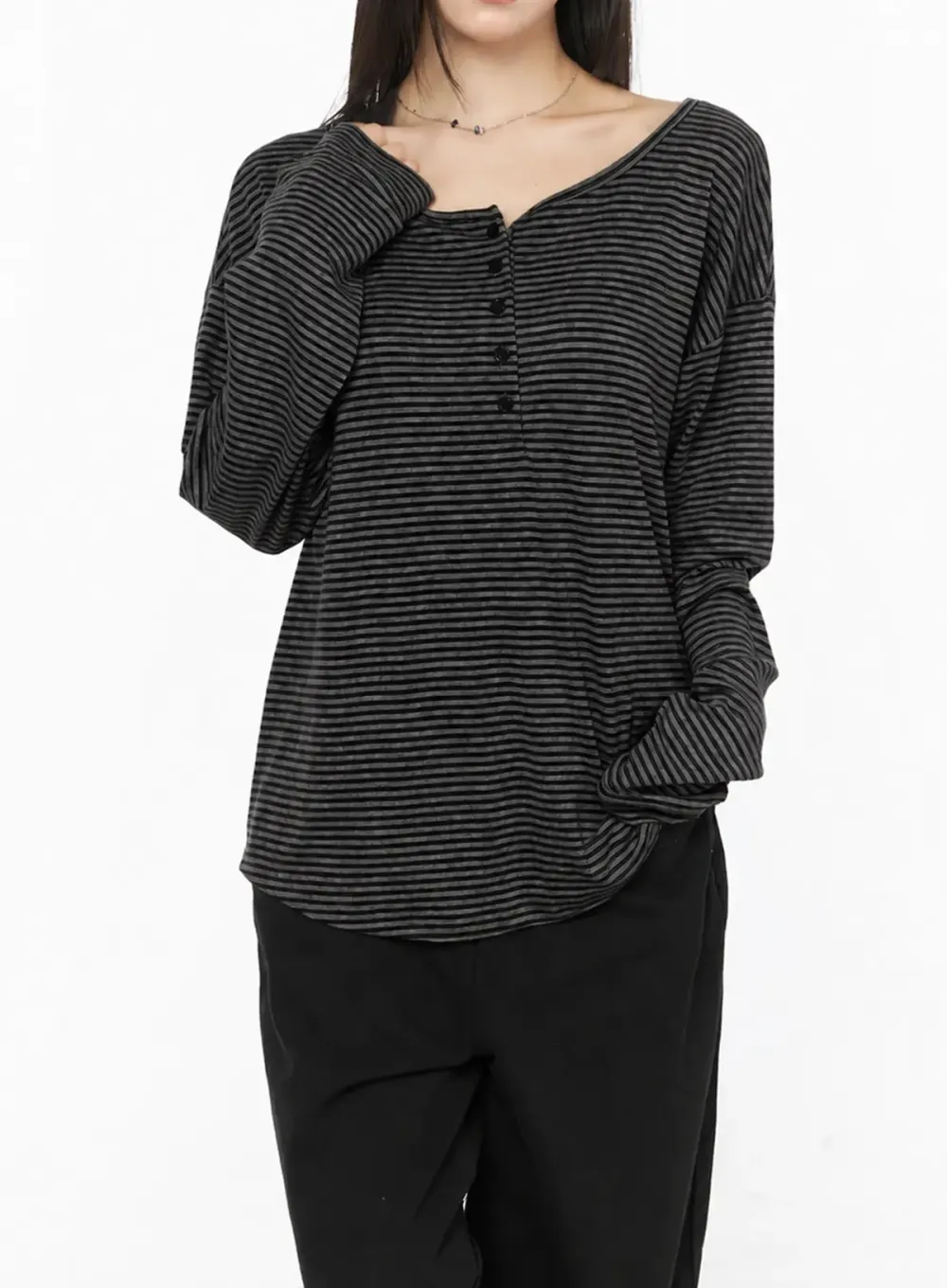 Striped Henley Long Sleeve Top