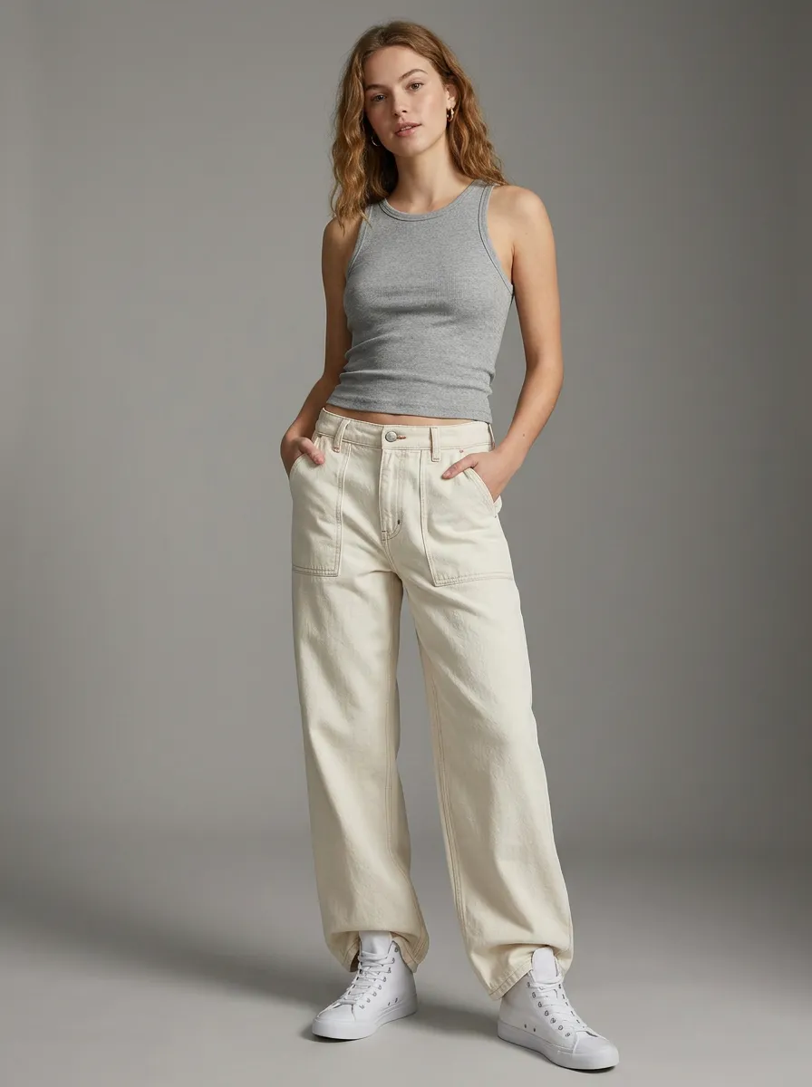 Women's Casual Style Off-White Wide Leg Denim Jeans