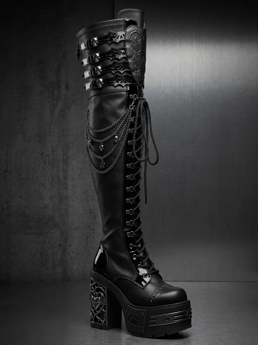 Modern Gothic Skull Lace Lace-Up Profile Women's Gothic Platform Knee High Boots
