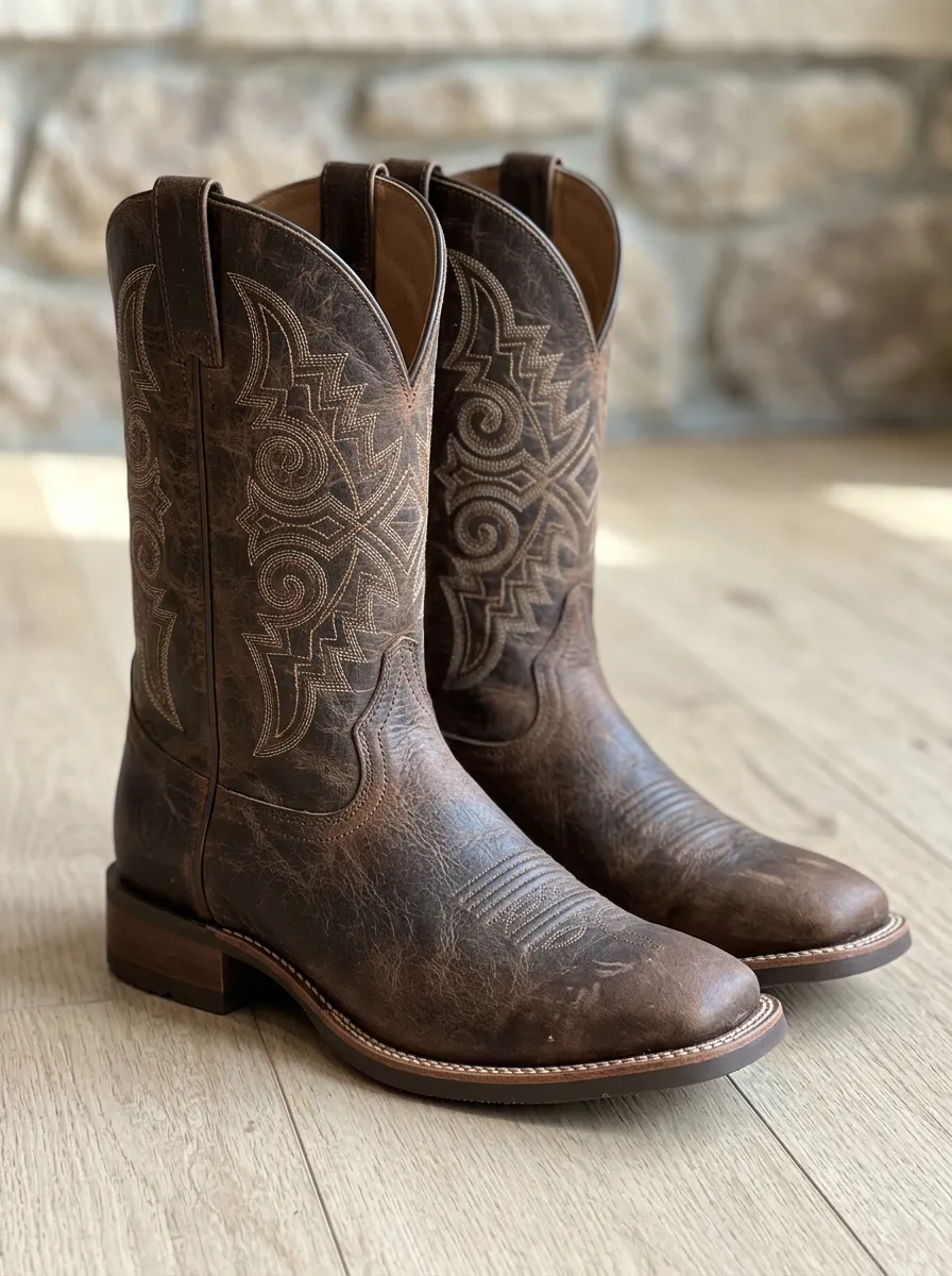 Ranchwear Embroidered Distressed Leather-Look Detail Men's Western Cowboy Boots