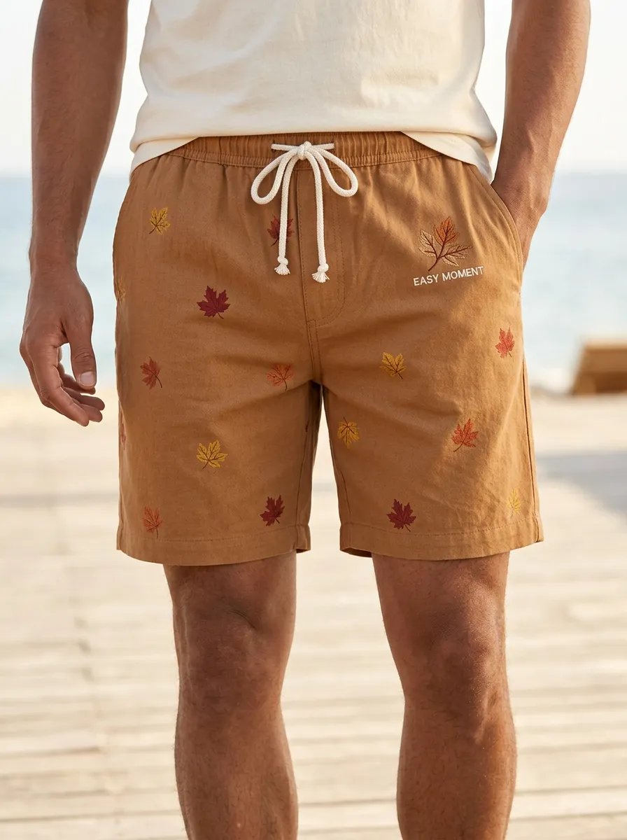 Tan Leaf-embroidered Drawstring Shorts
