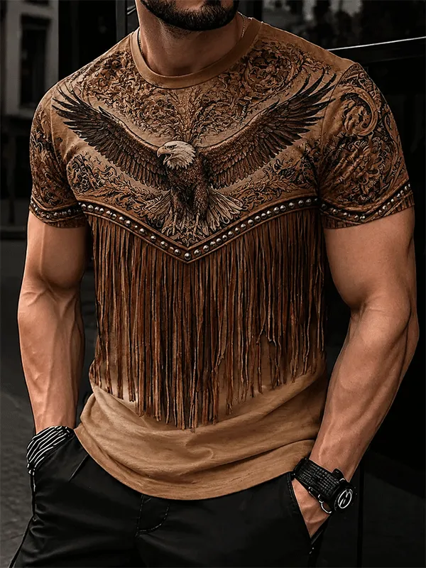 Men's Western Eagle Fringe & Studded Printed Short Sleeve T-Shirt