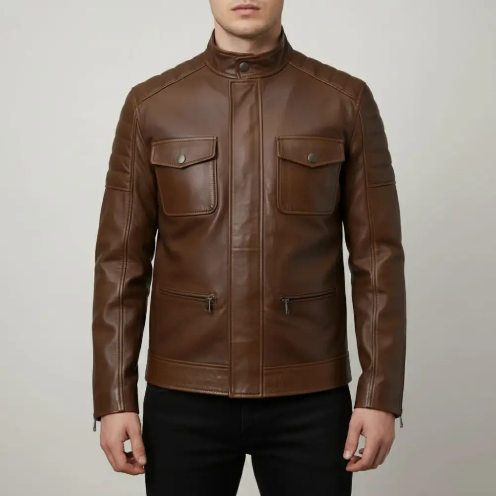 Structured Leather Biker Motorcycle Multi Pocket Jacket