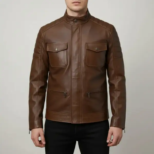 Structured Leather Biker Motorcycle Multi Pocket Jacket