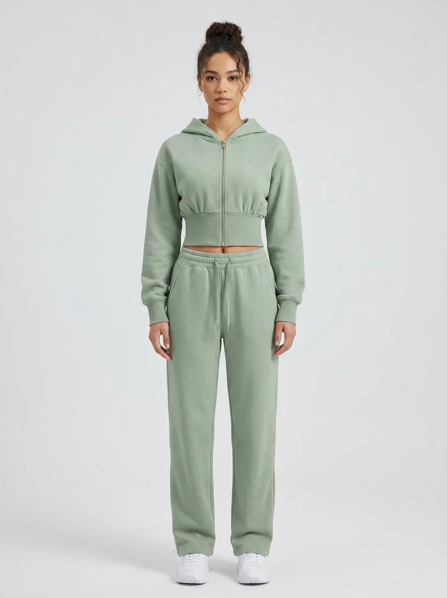 Women's Sage Green Cropped Zip-Up Hoodie and Jogger Set - Hooded