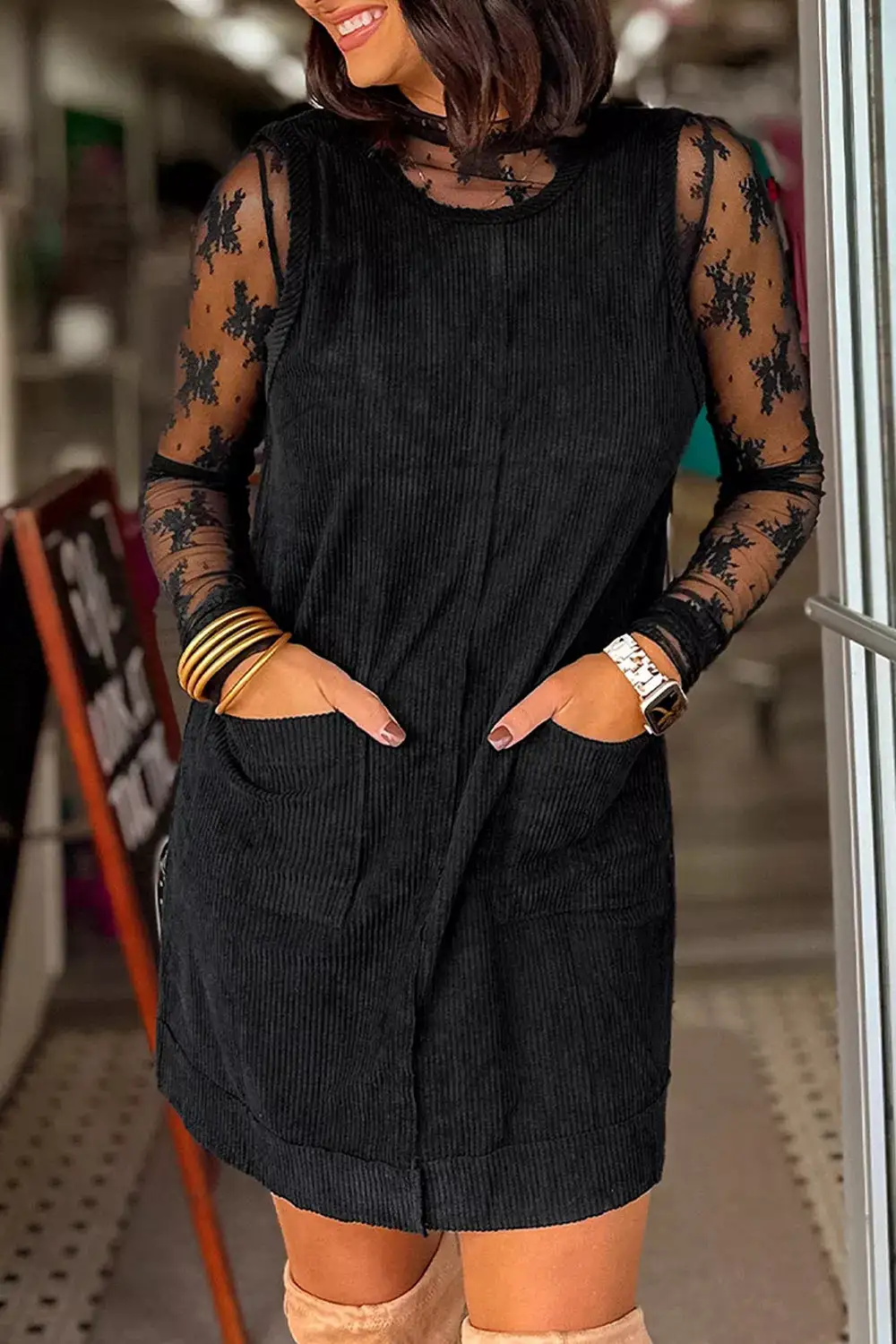 Corduroy Patch Pocket Sleeveless Mini Dress