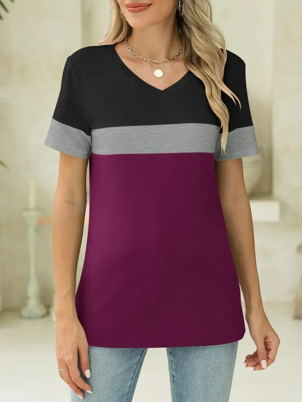 ORANDESIGNE Women's Color Block Short Sleeve T Shirts Casual V Neck Summer Tops Tees Loose Fit Blouses