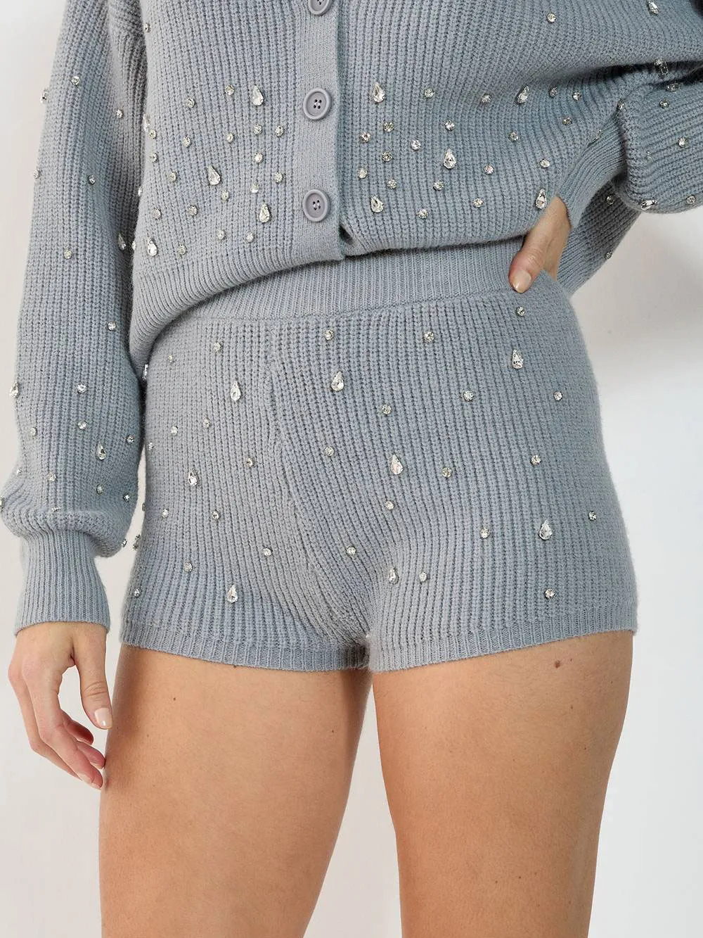 Women'S Light Gray Rhinestone-Accent Knit Shorts