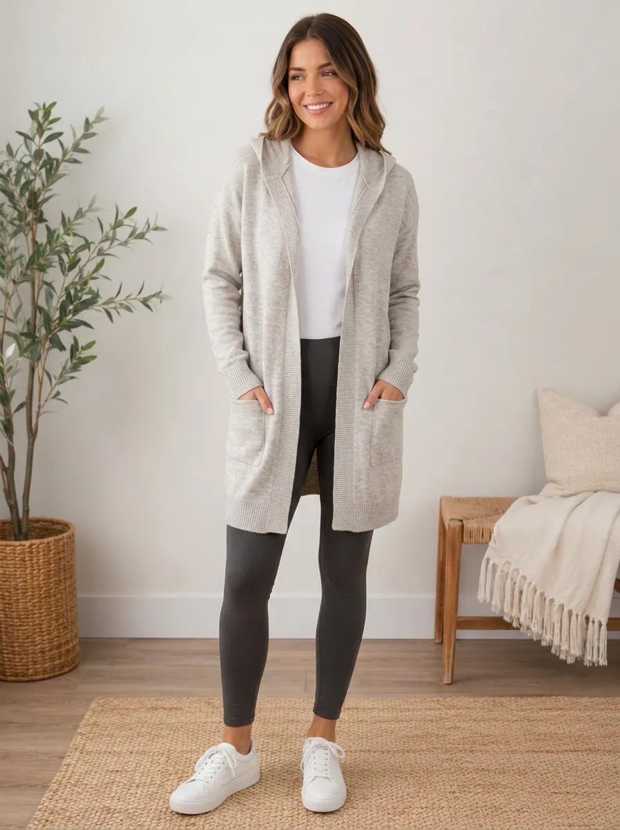 Women's Casual Everyday Grey Hooded Open Front Cardigan