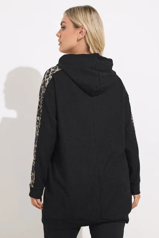 Black Leopard Print Trim Hoodie