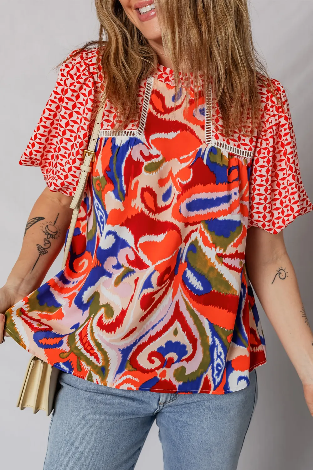 Red Paisley Geometric Mixed Print Blouse