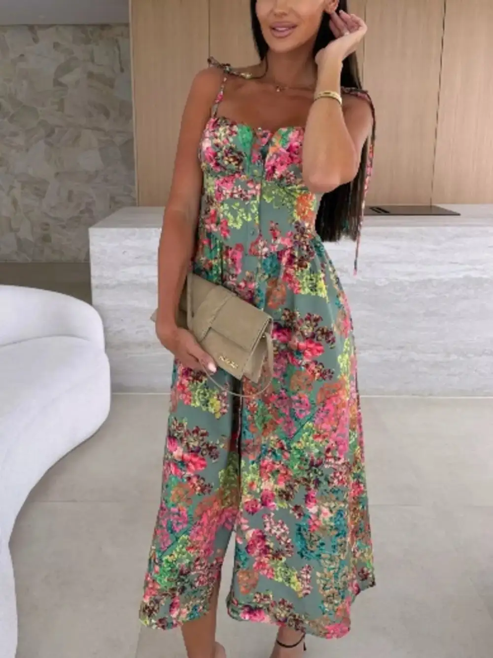 Printed Tie-strap Midi Dress
