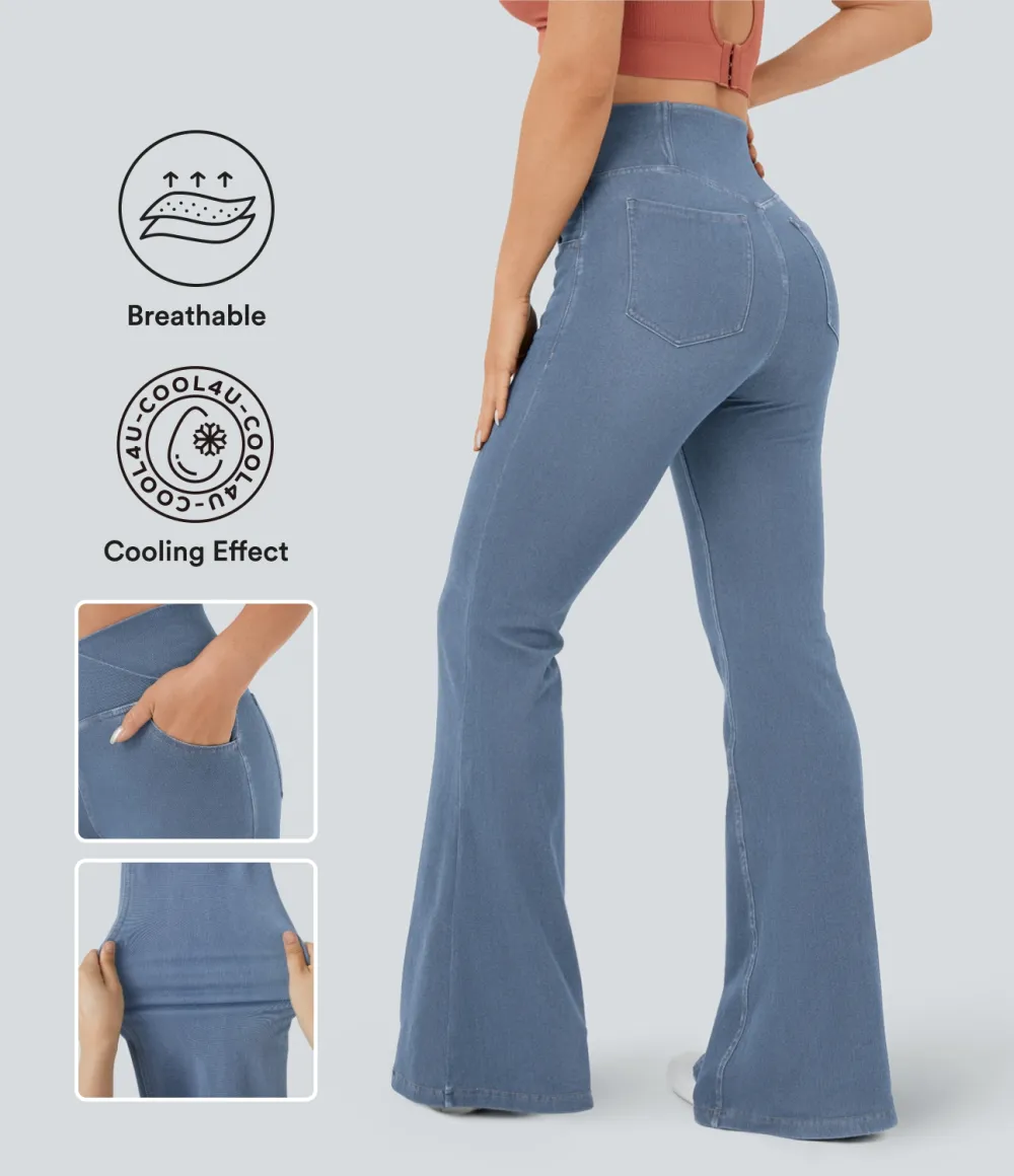Magic High Waisted Crossover Pocket Cool Touch Washed Stretchy Knit Casual Super Flare Jeans