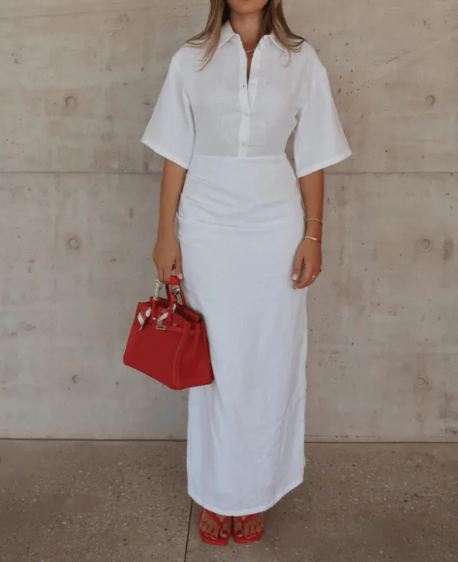 White Ruched Midi Dress