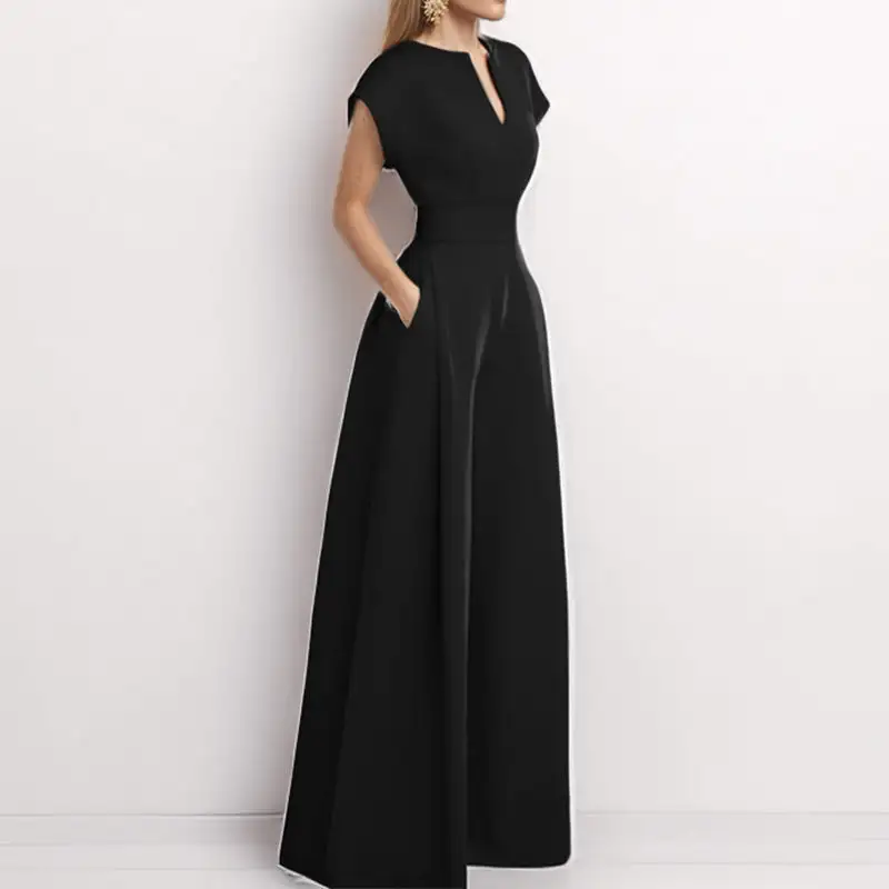 Refined V-Neck High-Waist Belted Jumpsuit