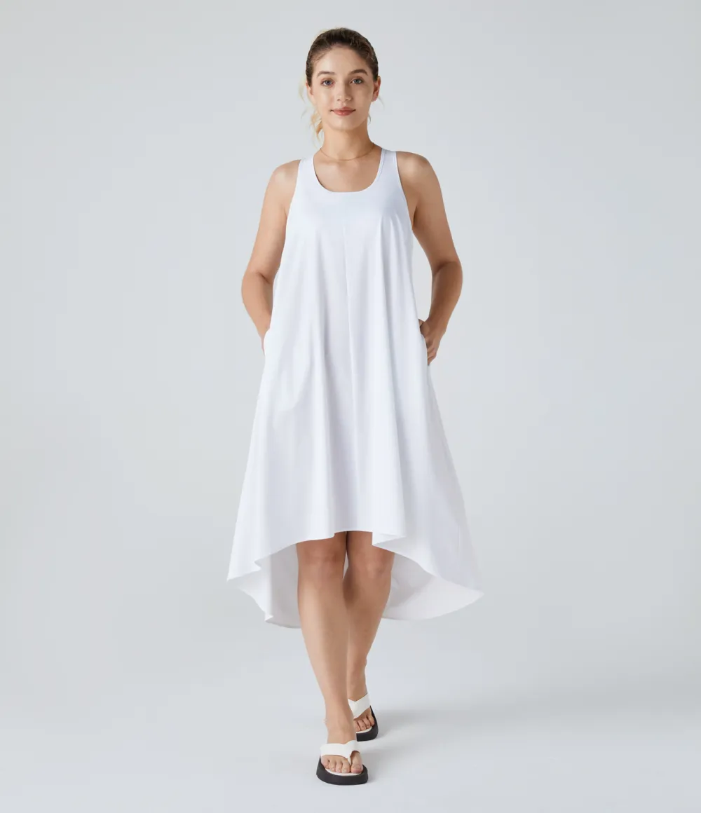 Breezeful Backless Racerback Side Pocket High Low Flowy Midi Quick Dry Casual Dress