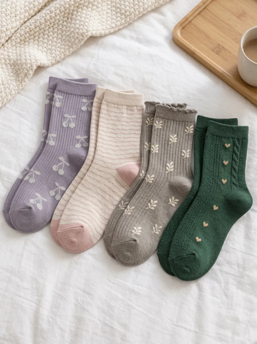 Women's Aesthetic Floral Cherry Heart Printed Cotton Socks Set