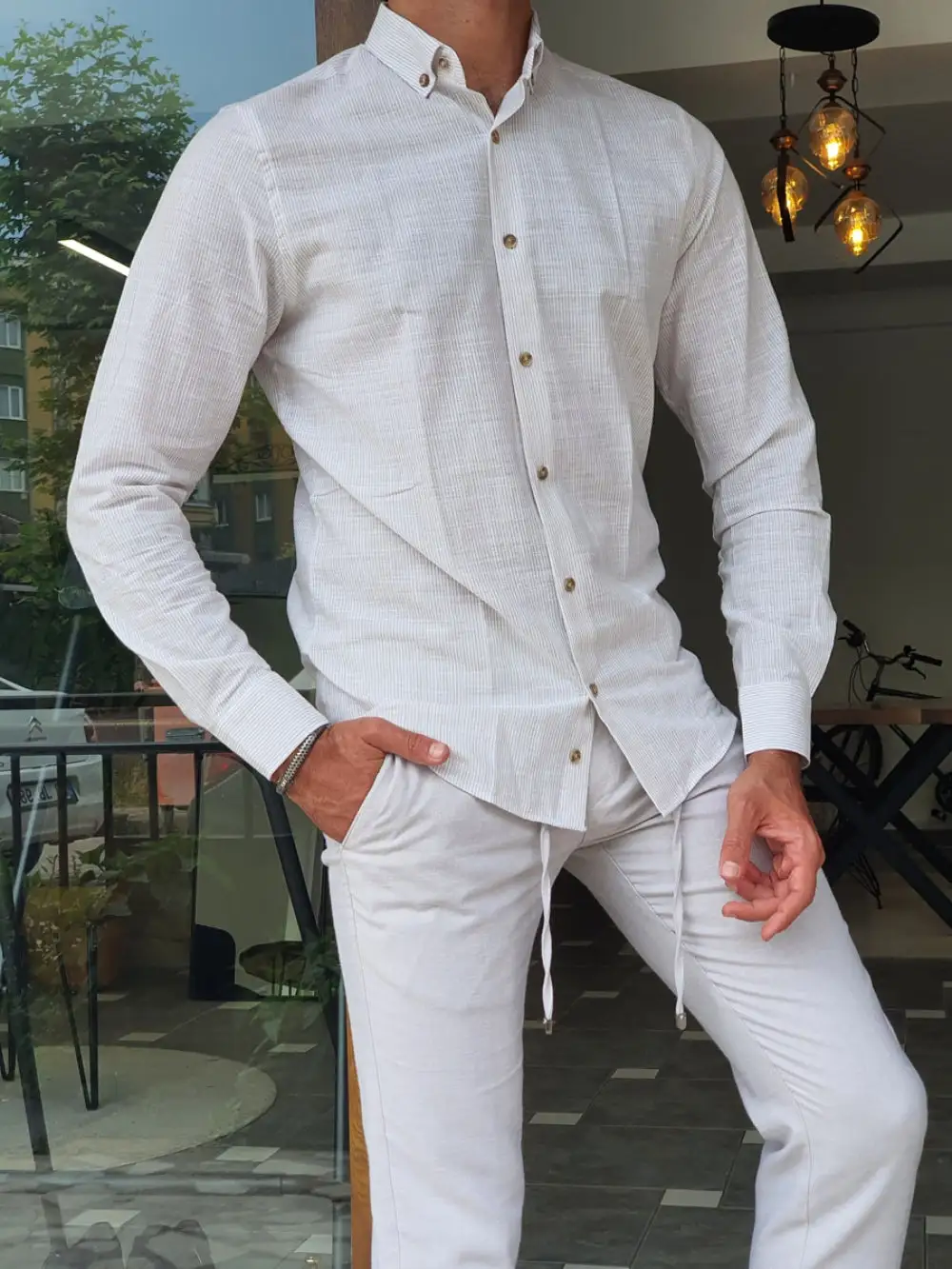 Slim Fit Striped Cotton Linen Casual Shirt