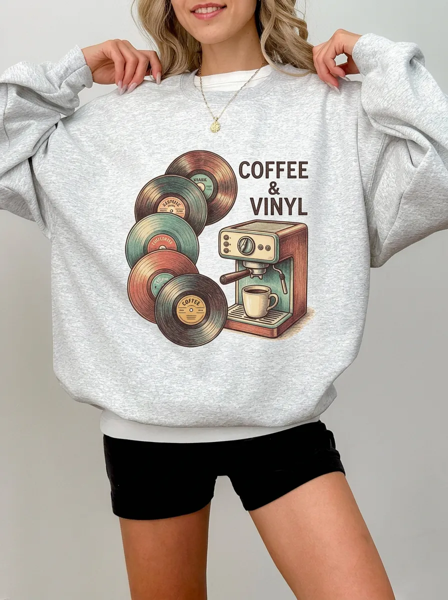 Women's Coffee Music Lover Vinyl Record Espresso Printed Sweatshirt
