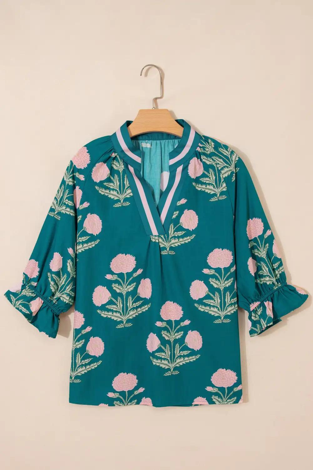 Women's Floral Print Flower Motif V Neck Top