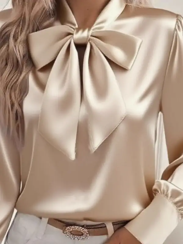 Satin Bow Tie Long Sleeve Top