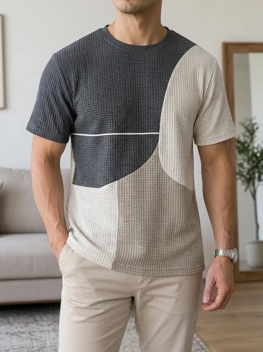 Men's Colorblock Waffle Knit Geometric Pattern Signature Crew Neck T-Shirt