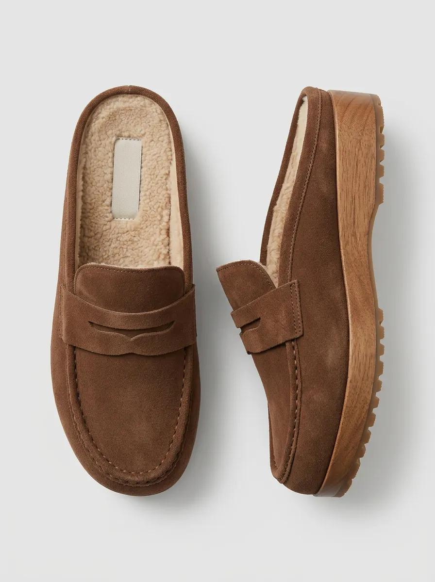 Women's Weekend Faux Fur Lined Platform Suede Wood Sole Loafers