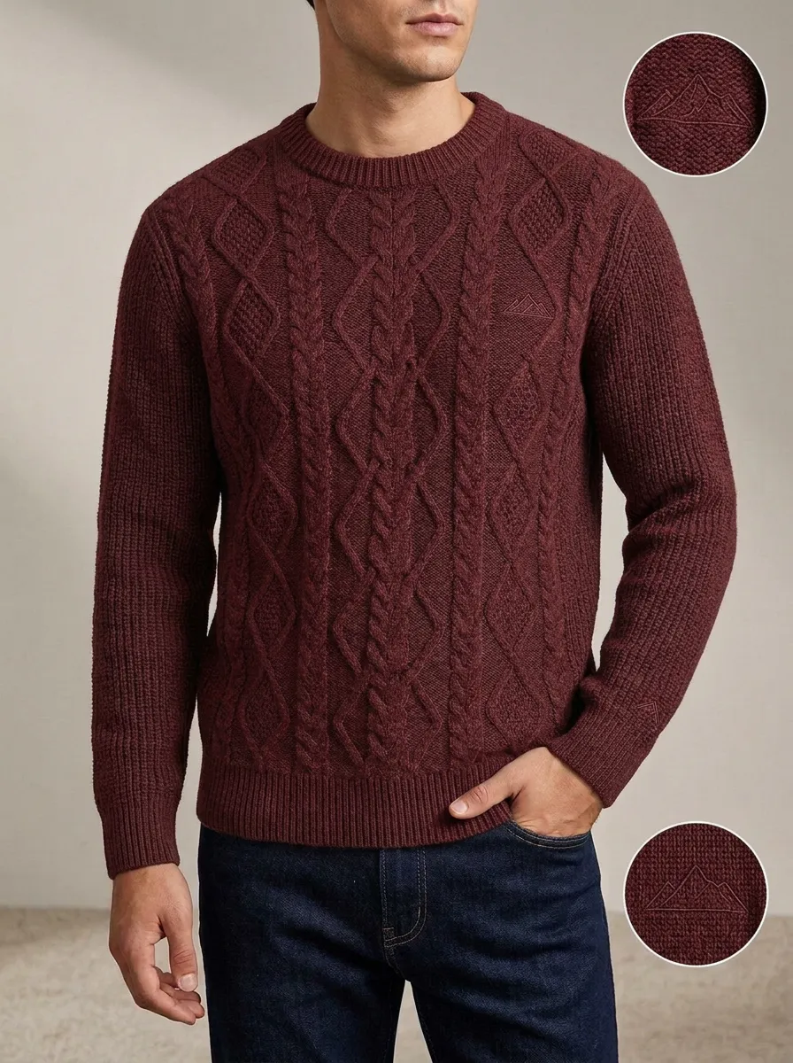 Men's Charcoal Grey Crewneck Mountain Cable Knit Sweater