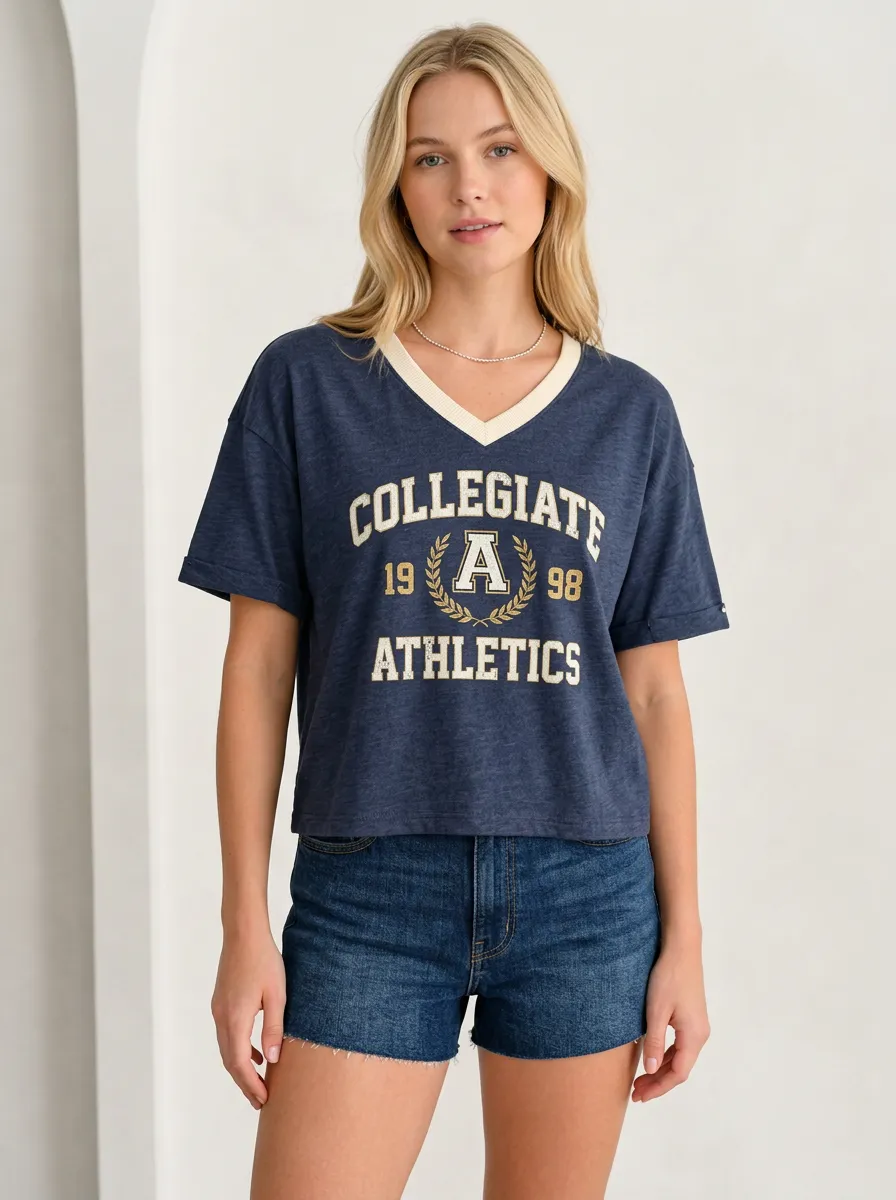 Women's Collegiate Athletics Letter A Printed V-neck T-shirt