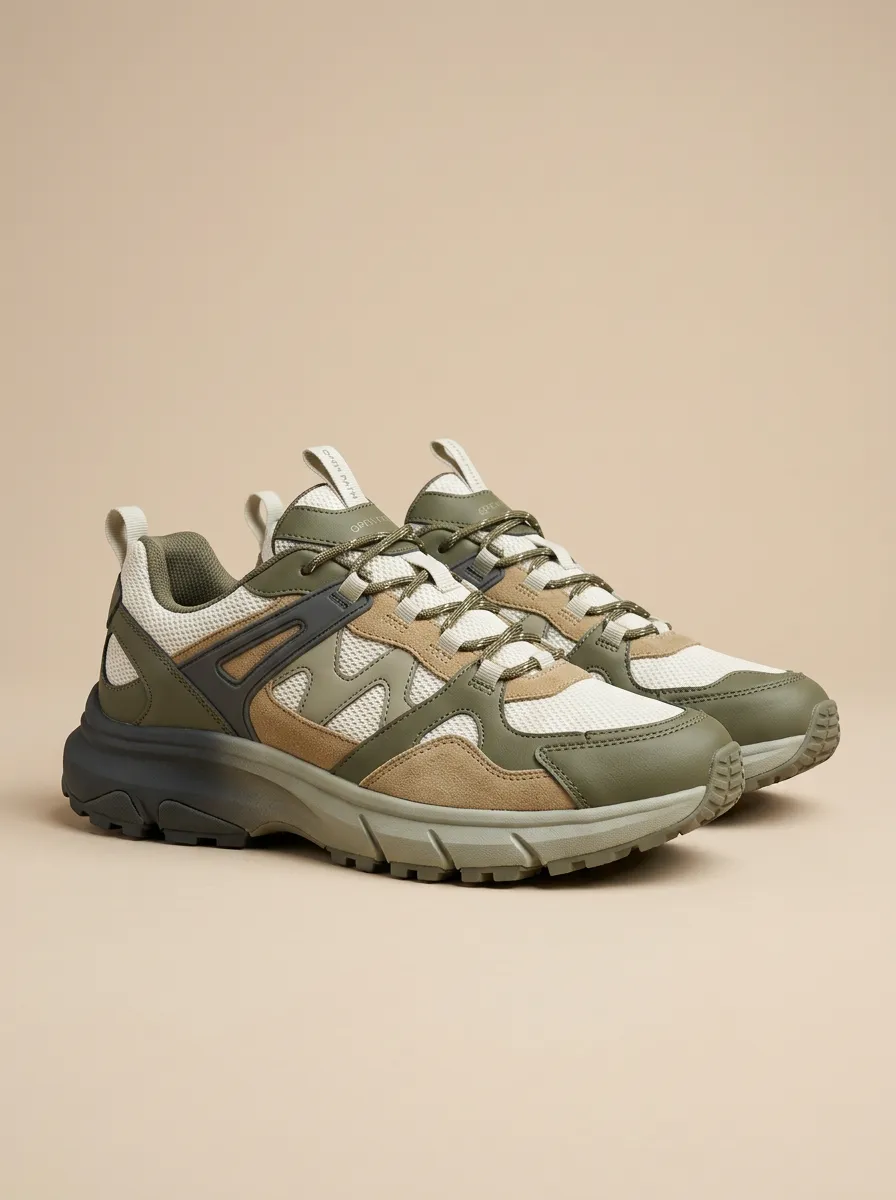 Low-Profile Hiking-Inspired Suede-Panel Mesh-Panel Casual Sneakers
