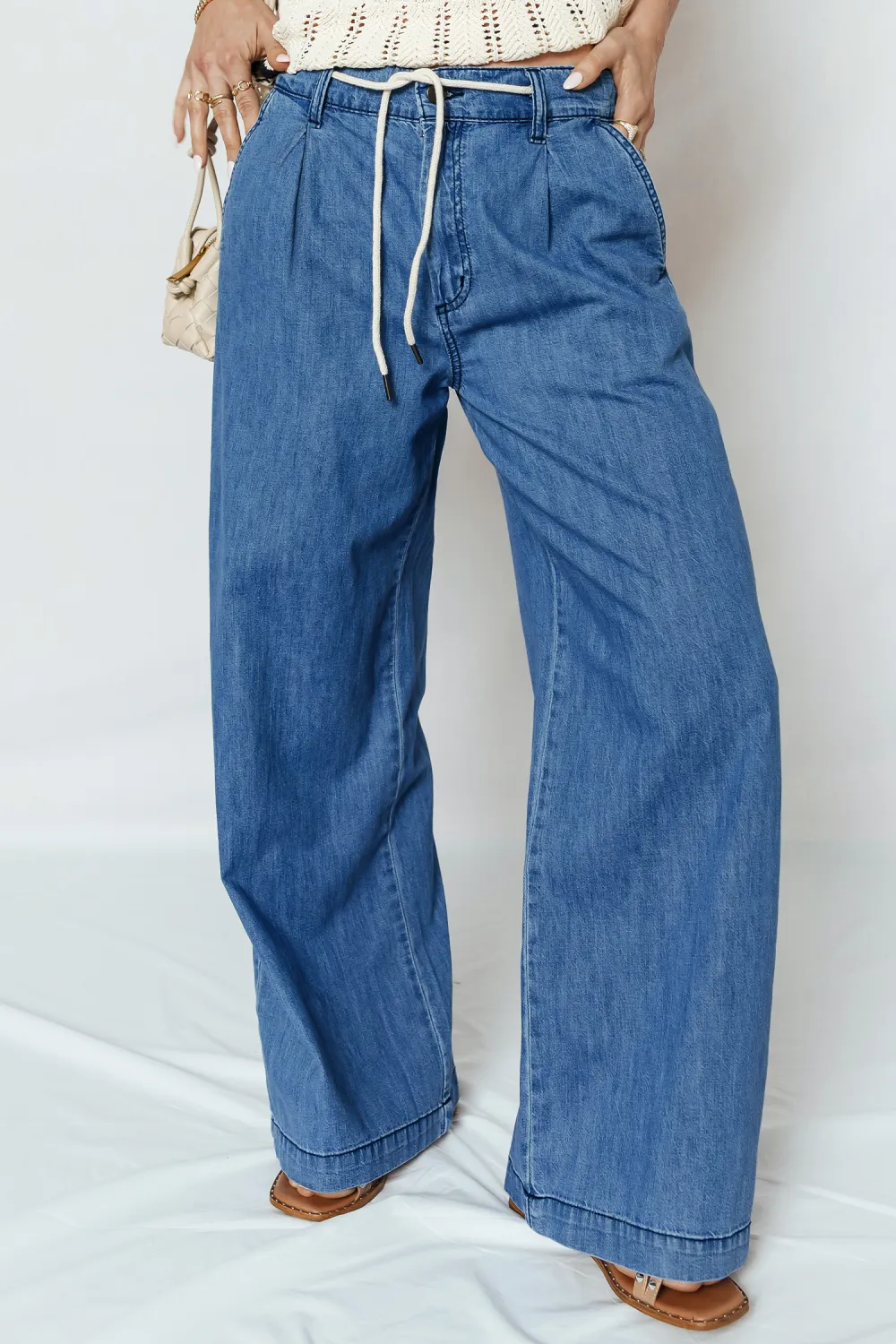 Blue Lace Up Wide Leg Jeans
